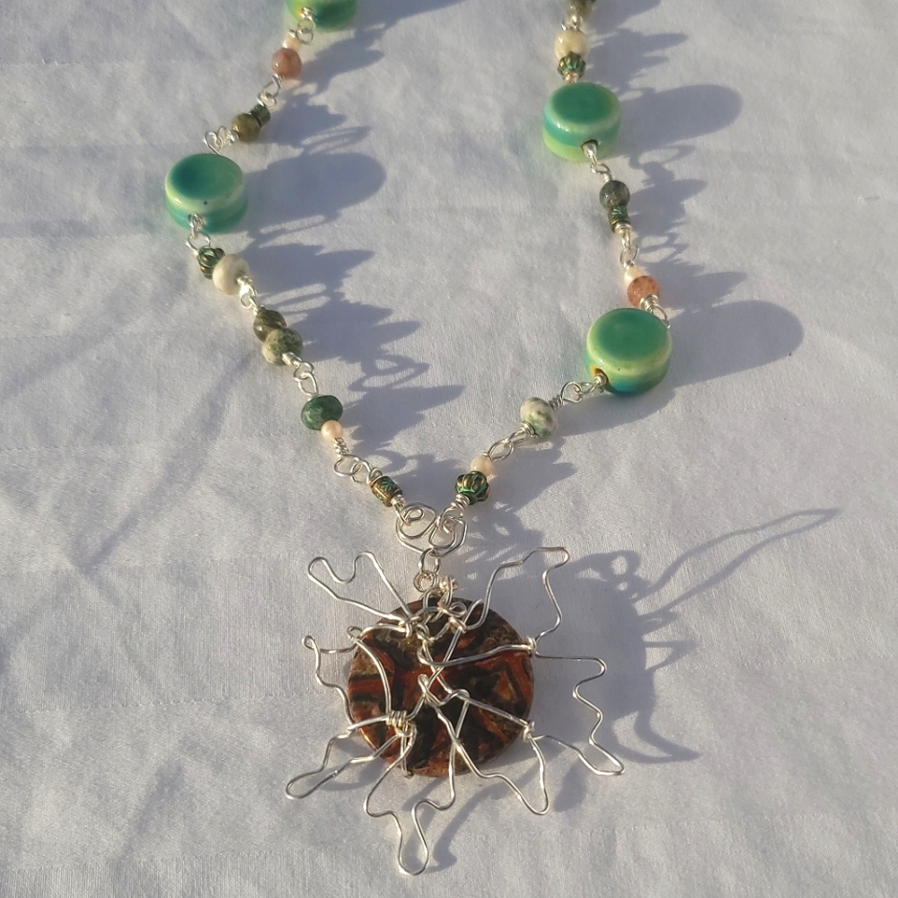 Jasper Crystal Necklace, Wire Wrapped Sun Pendant